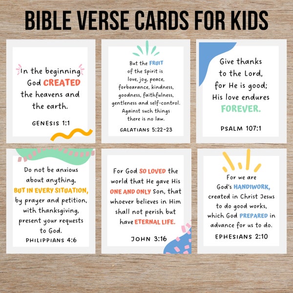 Scripture Cards for Kids - Bible Verse Memory Cards for Kids - Bible Notes - Children's Bible Verse Memory Cards - Christian Classroom