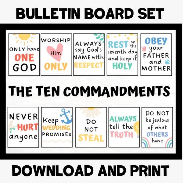 Christian Bulletin Board Kit - Ten Commandments - God's Rules - Christian Classroom Decor - Sunday School - 10 Commandments Wall Art