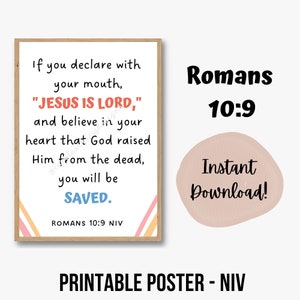 Bible Verse Wall Art for Kids, Romans 10:9, Scripture Wall Art, Christian Classroom Decor, Homeschool Decor, Jesus is Lord, saved by grace