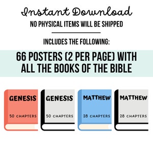 May include: 66 printable posters of the books of the Bible, two per page. The posters are illustrated with book covers in red, gray, and blue. The text "Genesis" and "Matthew" are shown on the covers.