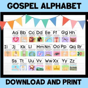 Pósteres del alfabeto bíblico, alfabeto del Evangelio, aula cristiana, tarjetas del alfabeto cristiano para niños, tarjetas de la A a la Z, versículos para memorizar, tarjetas didácticas