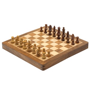 Juego de ajedrez magnético plegable de lujo de 25 cm para viaje - Piezas de madera estilo Staunton hechas a mano - Tablero portátil de madera de babul y boj