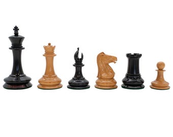 Leuchar Reproduction Ebony &amp; Antiqued Boxwood Luxury Chess Pieces - 3.5 Inch