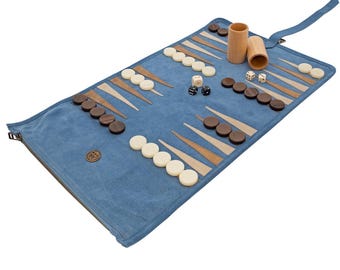 The Manopoulos Suede Roll-Up Travel Backgammon Set - RAF Blue