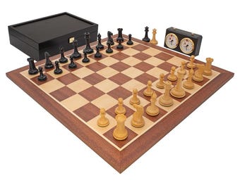 The JJ Cooke Edition Black and Mahogany Chess Set with Case and Clock