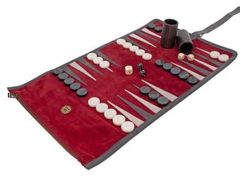 The Manopoulos Suede Roll-Up Travel Backgammon Set - Burgundy