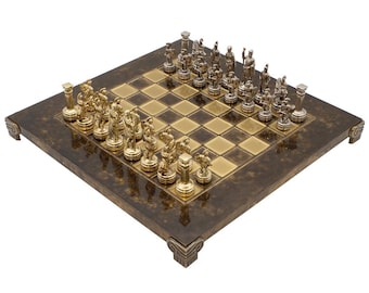 Manopoulos Greek Roman Army Metal Chess Set with Wooden Case - Small