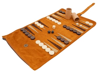 The Manopoulos Suede Roll-Up Travel Backgammon Set - Cinnamon