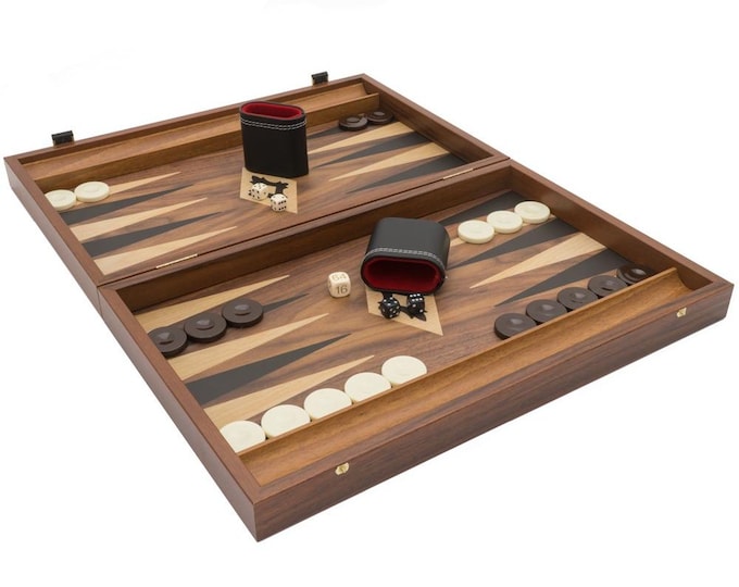 The Manopoulos Walnut Black and Oak Club Large Backgammon Set with Vinyl Deluxe Cups