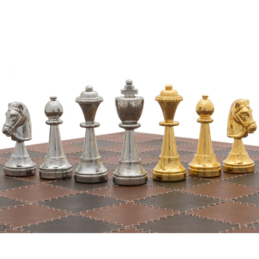 The Messina Gold and Silver Italian Leather Luxury Chess Set 