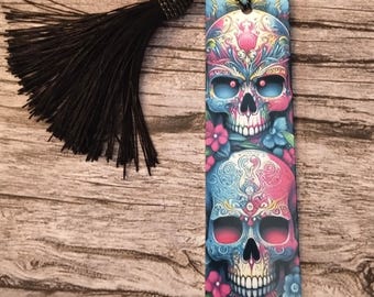 Gothic Skulls Metal Bookmark with Black Tassel