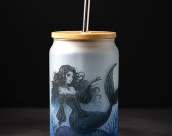 Gothic  Mermaid Glass Mug with Bamboo Lid and straw