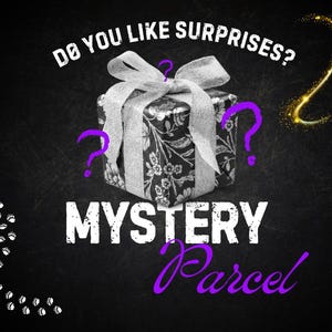 May include: A gift box wrapped in floral patterned paper, tied with a silver ribbon and bow. The text "DO YOU LIKE SURPRISES?" and "MYSTERY Parcel" are displayed on a black background, with purple question marks and paw prints.