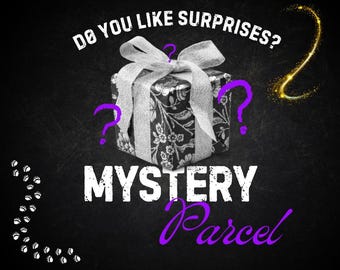 May include: A square gift box wrapped in black paper with a white floral pattern and a silver ribbon bow. The text reads DO YOU LIKE SURPRISES? and MYSTERY Parcel. There are purple question marks, a gold swirl, and white paw prints on the black background.