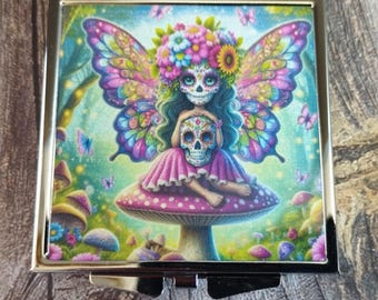 Compact Mirror, Skull Mirror, Gothic Make up Mirror, Day of the Dead Mirror, Fairy Pocket Mirror