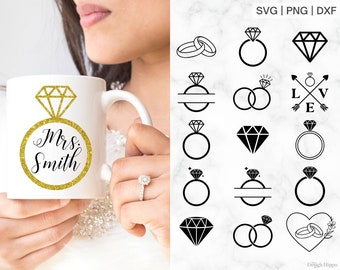 Wedding Rings SVG Files Diamond Engagement Ring PNG Interlocking Wedding Bands Wedding Monogram SVG for Cricut