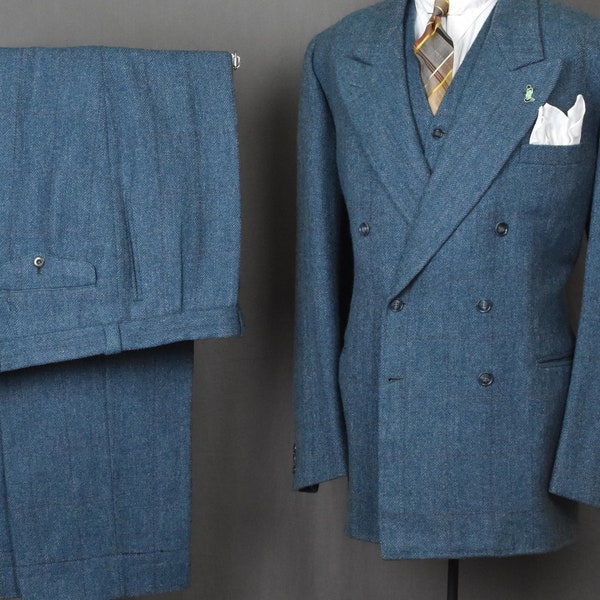 30s 40s Teal Green Tweed DB 3 pc Suit - Large English Pleats