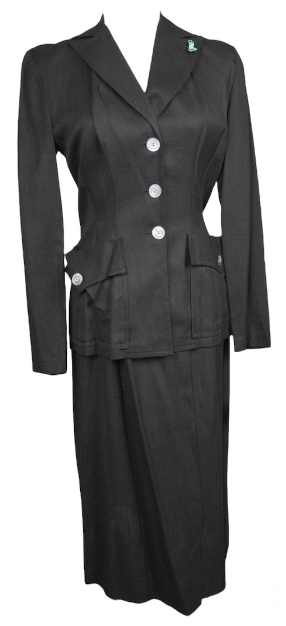 40s 50s Black Linen Belted Skirt Suit - Vintage Su
