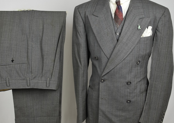 40s DB 3pc Gray Herringbone Suit - 30s Vintage Pin