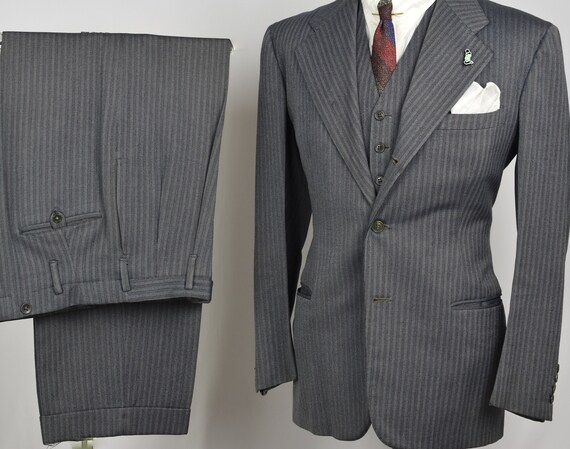 30s Gray SB 3pc Striped Suit - 40s Vintage Burgund