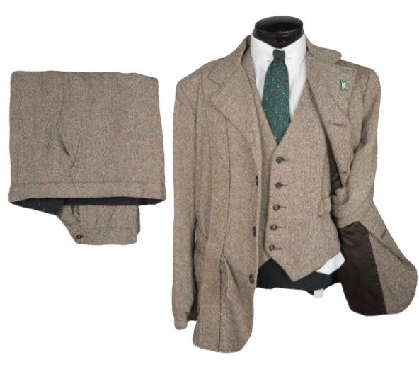 10s 20s Braun Creme Tweed 3teiliger Fleck Hosenanzug - Vintage Fleck Jacke Weste Plus Viere