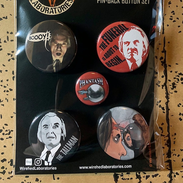 PHANTASM horror movie button pin set! Featuring The Tall Man! Four 1.5" and one 1" button pack! Perfect for any classic horror film lover!