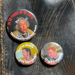 Mother&#39;s Day (1980) Horror Movie Button Set! Three pin pack! &quot;You&#39;re dumb, you listen to punk!&quot; &quot;Disco&#39;s stupid!&quot;