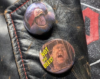 Nic Cage "Not The Bees!" Wicker Man 1.25" Button Set! Cult Horror Meme Pin Gift 2 Pack! Nicolas Cage in a Bear Suit! Oh No!