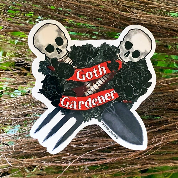 Goth Gardner Wreath Sticker! Skull & Crossbones Garden Tools 4" Waterproof, Vinyl Decal!  Great Halloween Gift!