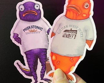 Lovecraftian Fish People Sticker Set! TWO vinyl decals, 100% waterproof! Original weird art Deep Ones on a Cthulhu, Miskatonic holiday!