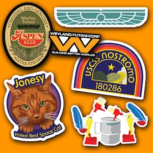 Alien Sticker Pack! 6 Sticker Set! Waterproof vinyl decals! Featuring Weyland-Yutani and Nostromo Logos! Jonesy Space Cat and more!