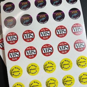 VHS Sticker Sheet! 1 sheet of Thirty-five (35) 3/4&quot; vinyl stickers! Waterproof! Only on VHS | Be Kind Rewind | VHS Now!