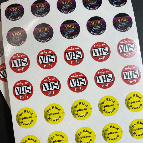 VHS Sticker Sheet! 1 sheet of Thirty-five (35) 3/4" vinyl stickers! Waterproof! Only on VHS | Be Kind Rewind | VHS Now!