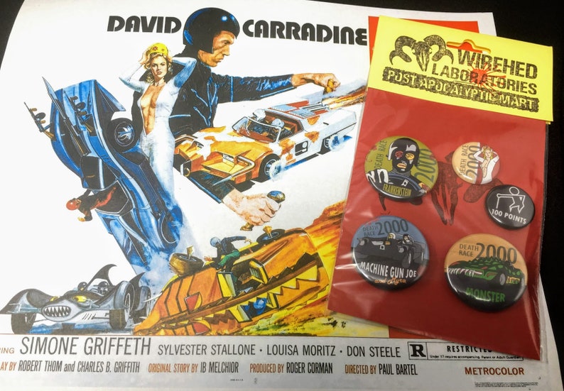 DEATH RACE 2000 pinback button set 1.5 and 1 buttons! Five button set Roger Corman cult classic starring David Carradine as Frankenstein