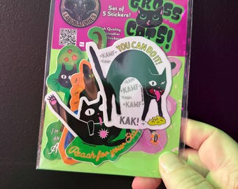 Gross Cats Sticker Pack! 5 Sticker Set! Funny, cute, Waterproof vinyl decals!