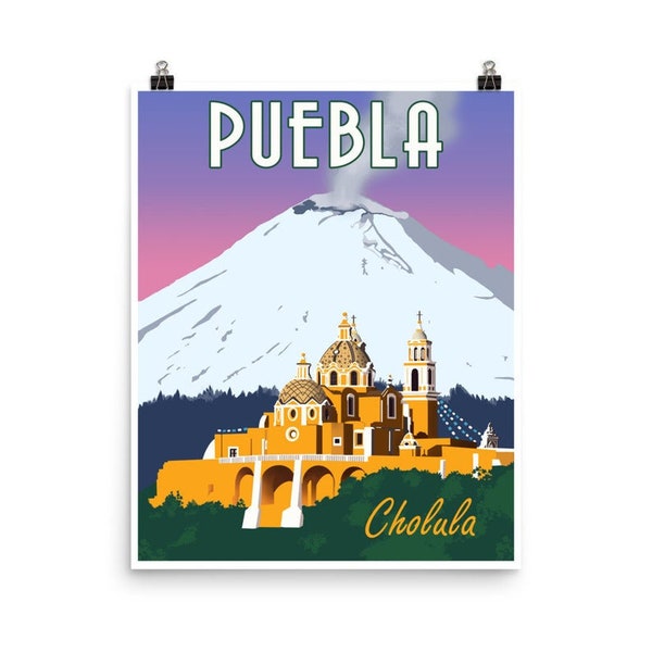Popocatépetl and Cholula, Puebla in Mexico Travel Poster - Instant Download