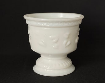 Sweet Vintage MilkGlass Pedestal Dish / Planter Embossed Ivy Design - Milk Glass