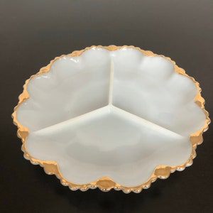 Vintage MilkGlass Sectioned Serving Plate Canapé Dish with Gilded Rim Gold Rim