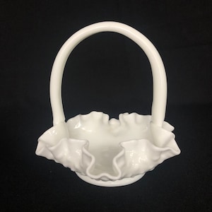 Vintage Fenton Hobnail Milk Glass Ruffled Rim Basket Bowl Dish