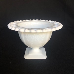 Vintage Bright Opaque White Lorain Reticulated Rim Pedestal Dish by Indiana Glass - Milk Glass Pedestal Bowl