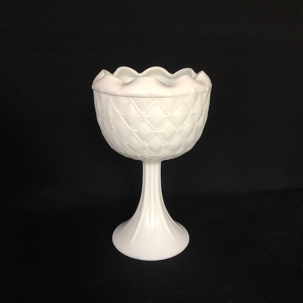 Vintage 9" Tall x 5.5" Wide Milk Glass Quilted Pattern Crimped Rim Planter Vase Centrepiece - MilkGlass