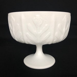 Bright Opaque White Vintage Milk Glass Oak-Leaf Fern-Pattern Compote (L)