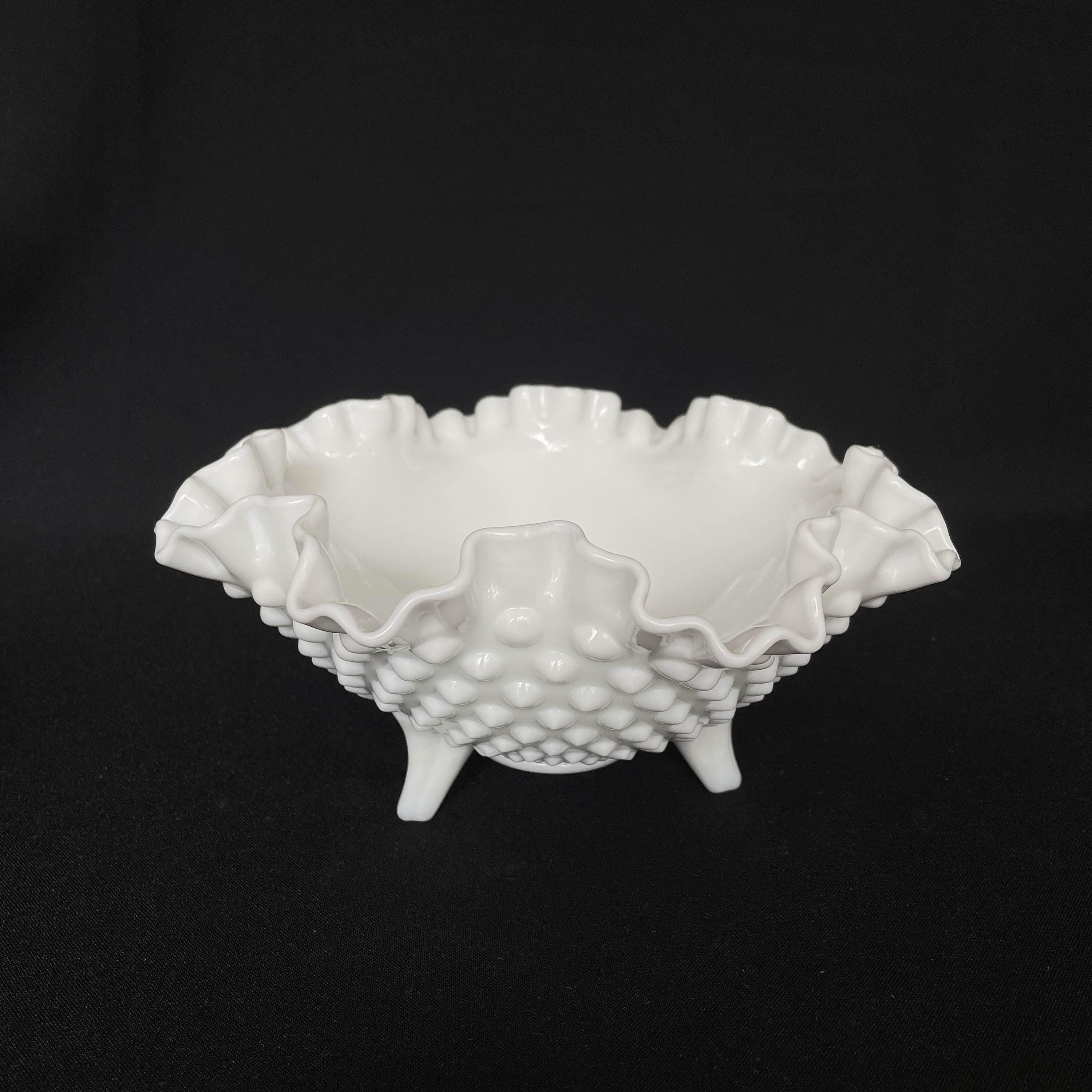 Vintage Signed FENTON Hobnail Opaque White Milk Glass Tri-footed Serving Dish With Double Ruffled Rim - Milk Glass - Hobnail - Wedding Decor