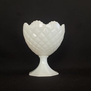 Vintage MilkGlass Diamond Compote Planter Vase Pedestal Bowl - Milk Glass