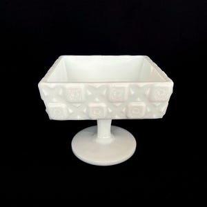 Vintage Westmoreland Old Quilt Pattern Footed Square Milk Glass Covered  Dish c1940s