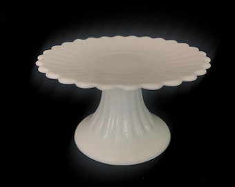 RARE - Beautiful Vintage Opaque White MilkGlass 5" Fluted Pedestal Cake Stand with Scalloped Rim