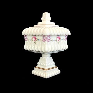 Vintage Westmorland Roses and Bows 5&quot; Milk Glass Pedestal Wedding Cake Box with Lid, Covered Bowl c1930s - REVIEW FULL DESCRIPTION