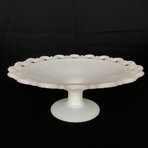Elegant Vintage Old Colony MilkGlass Pedestal Serving Dish Fruit Bowl Raised Serving Plate Reticulated Rim Lace Edge Detail - Anchor Hocking