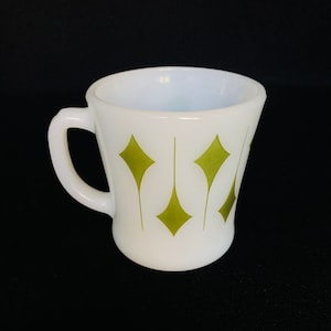 RARE Vintage Olive GREEN Kite Pattern Milk Glass 8oz Mug Fire King by Anchor Hocking Glass c1950s