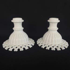 Pair of Vintage Westmoreland Lattice Edge Milk Glass Candle Sticks c1950s